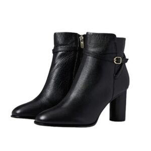 Draper James Tegan Black Leather Ankle Boots Gold Buckle Round Heel Size 10